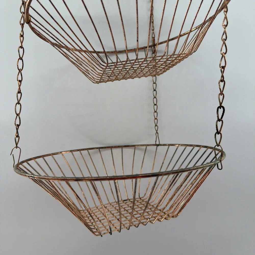 Vintage 3-Tier Metal Mesh Wire Hanging Baskets Collapsible Copper Fruit Plants